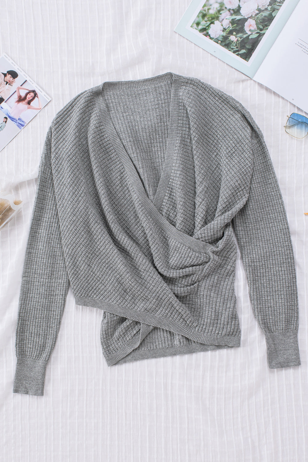 Khaki Wrap V Neck Waffle Sweater