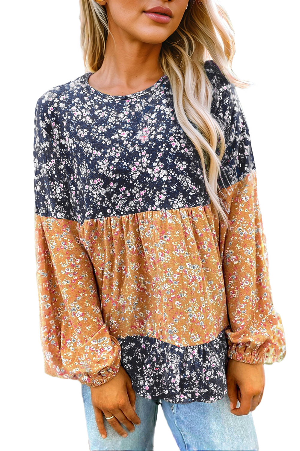 Orange Ditsy Floral Color Block Ruffle Hem Long Sleeve Top