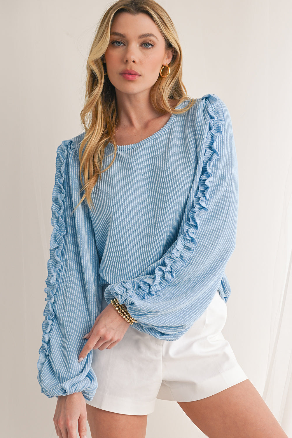 Mist Blue Corded Frill Detail Puff Sleeve Top