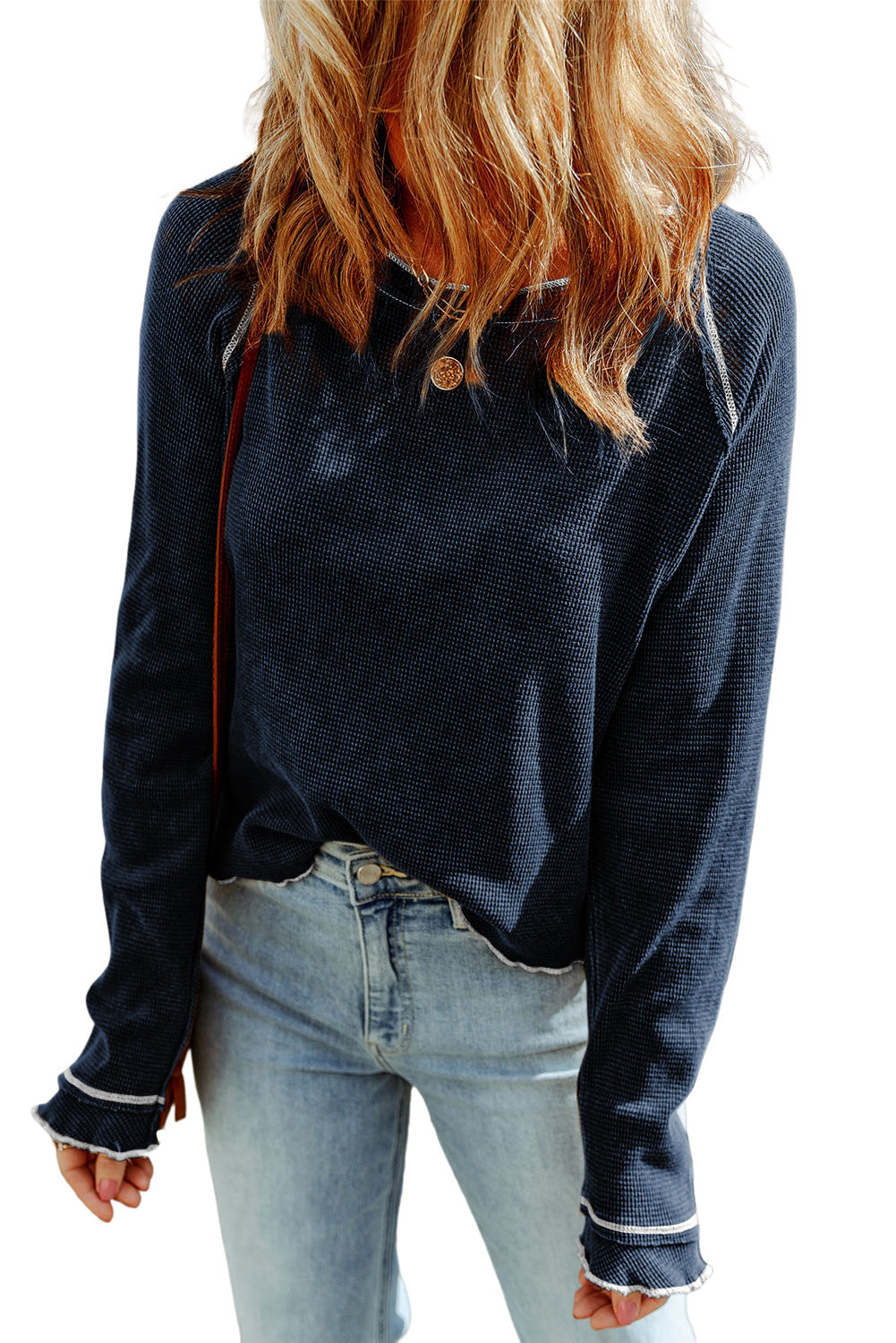 Blue Exposed Seam Textured Pullover Long Sleeve Top