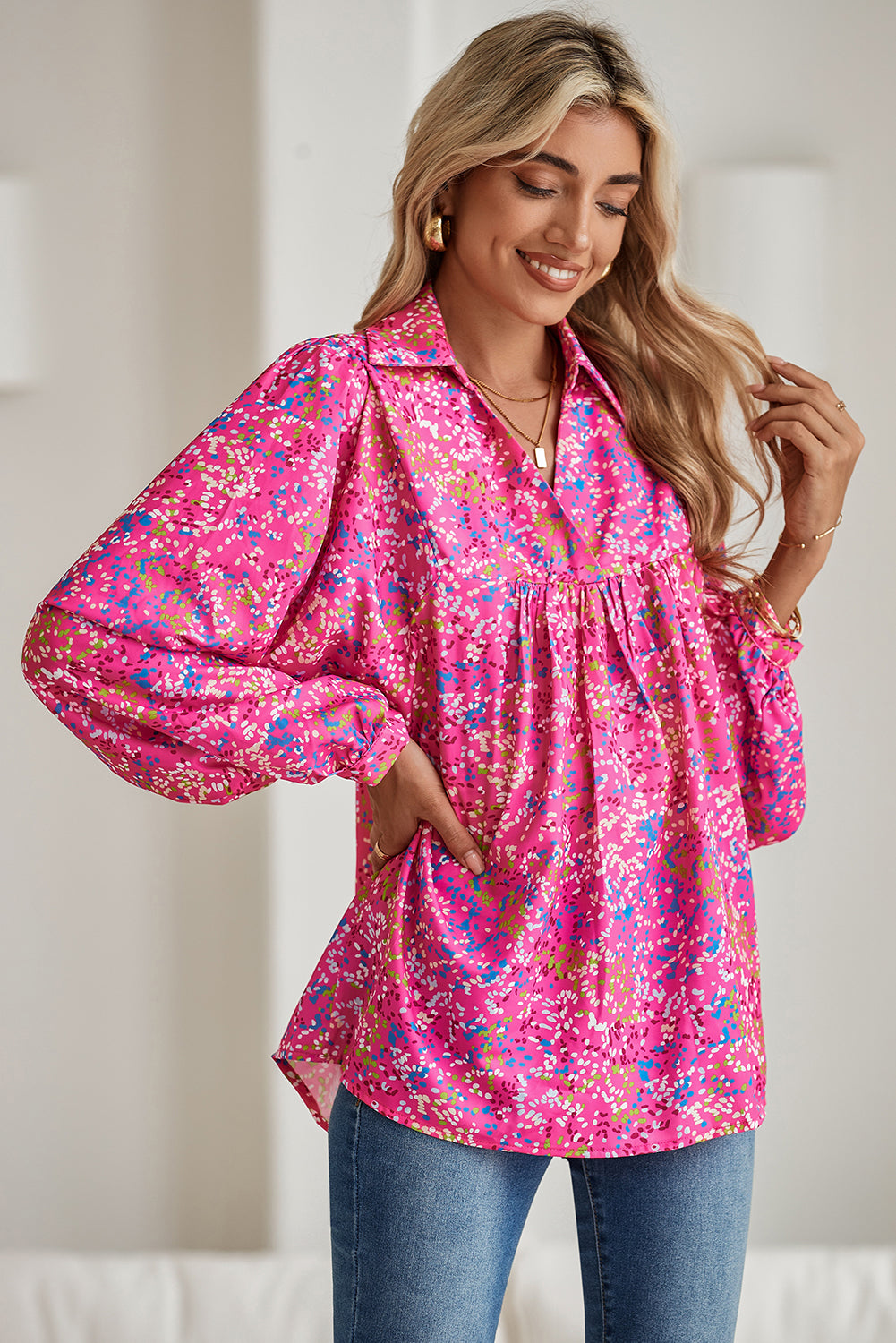 Pink Dotted Puff Sleeve V Neck Blouse