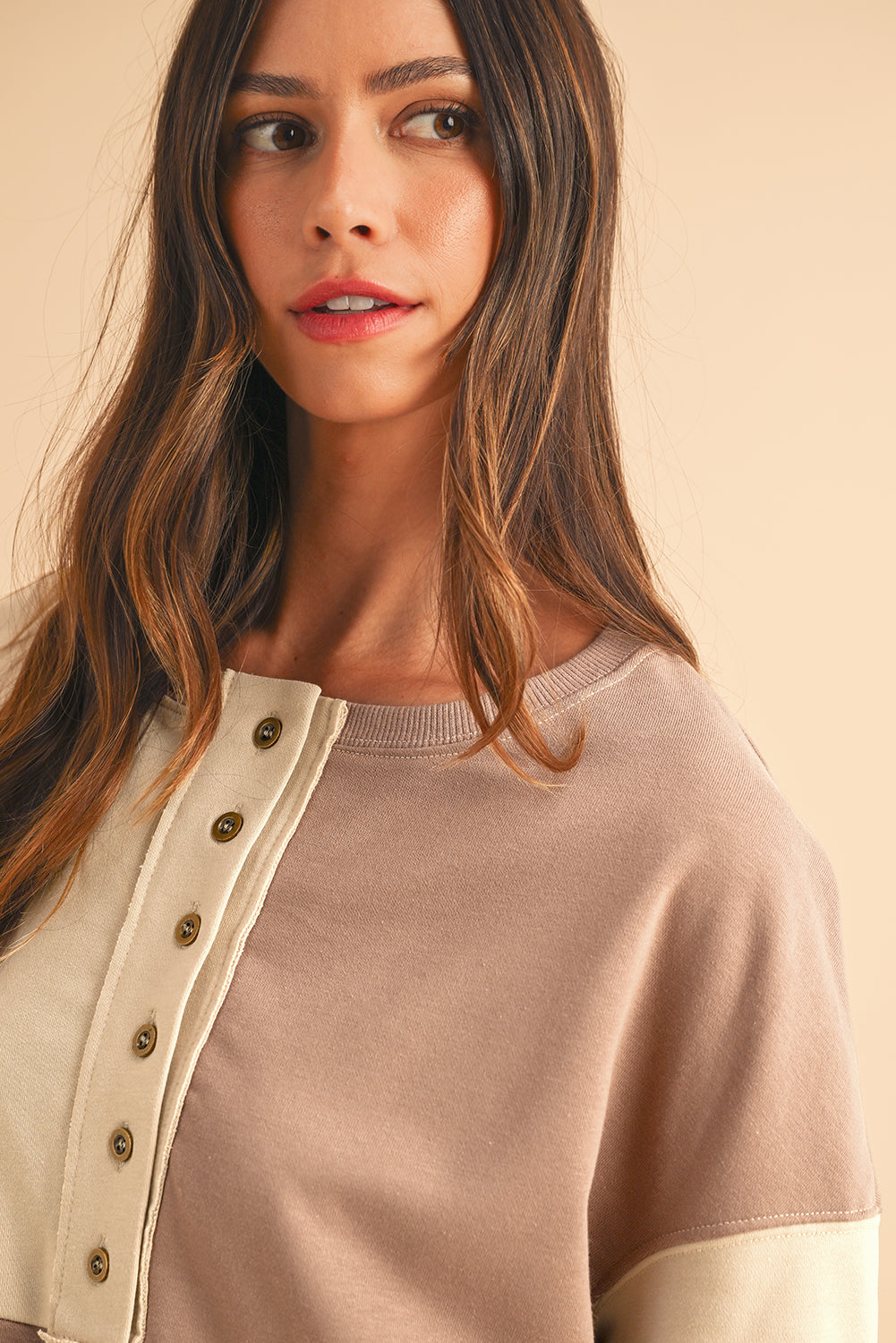 Pink Colorblock High Low Loose Henley Sweatshirt