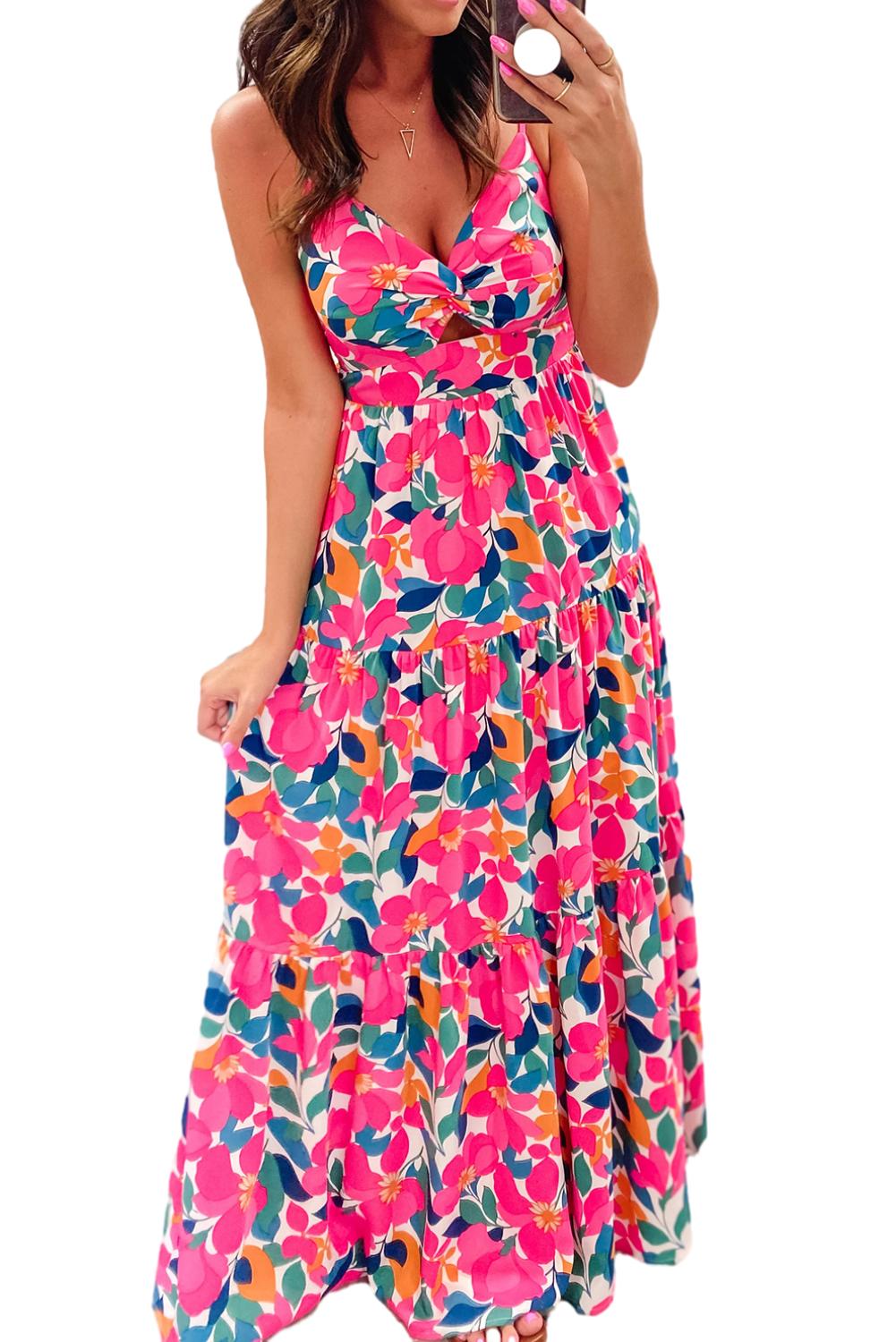 Rose Floral Twist V Neck Tiered Cami Maxi Dress