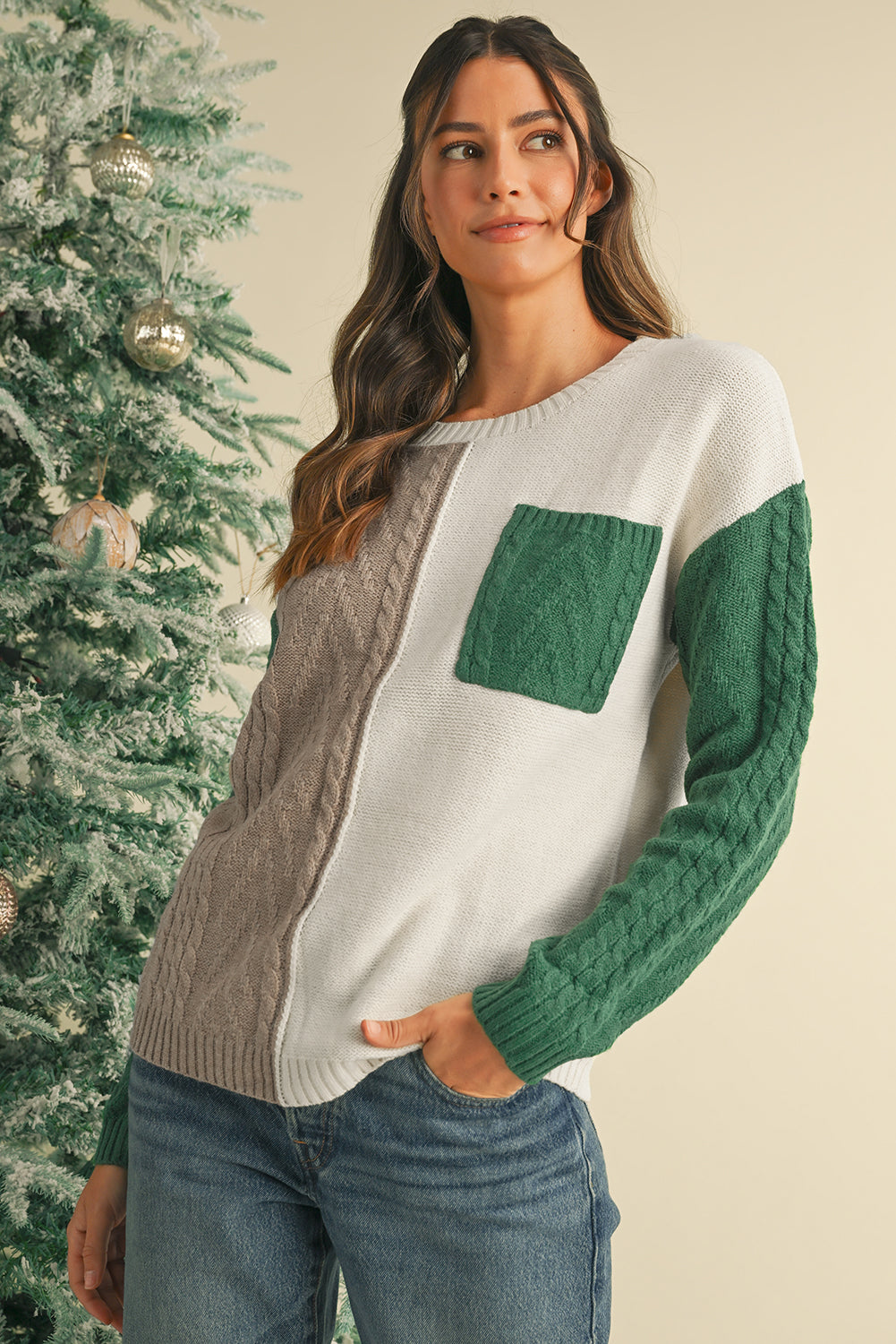 Vineyard Green Colorblock Pocket Drop Shoulder Sweater