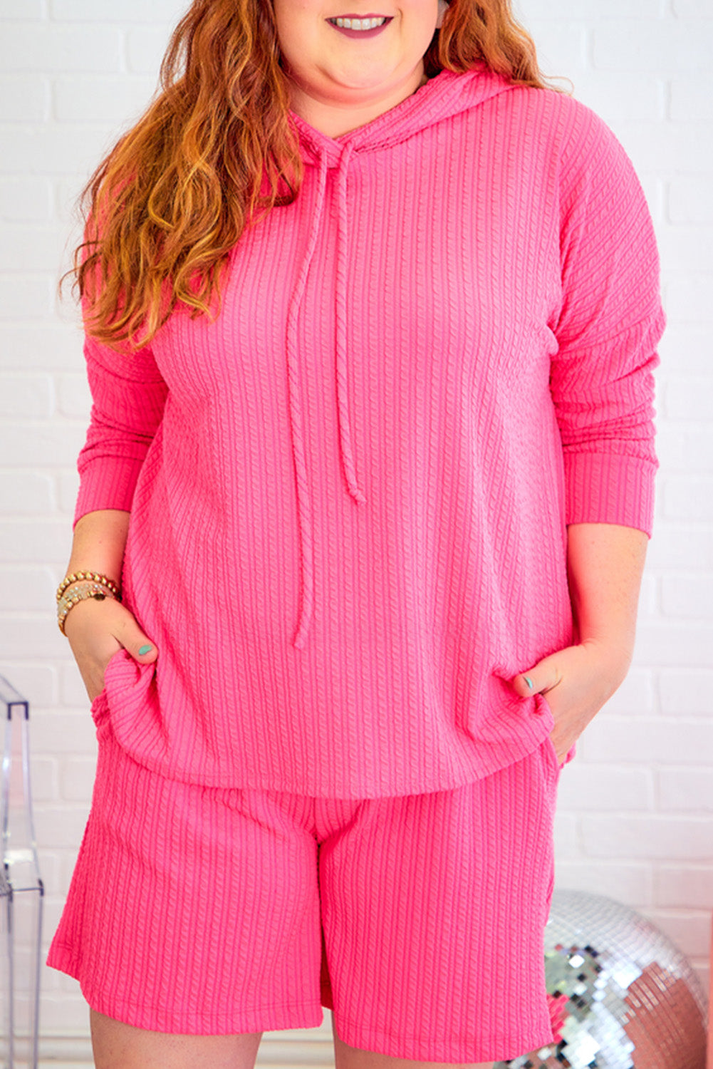 Pink Plus Size Textured Hoodie and Shorts Set