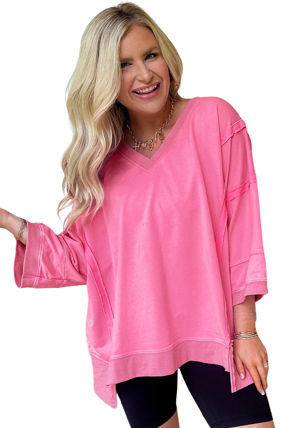 Pink Exposed Seam V Neck T-Shirt