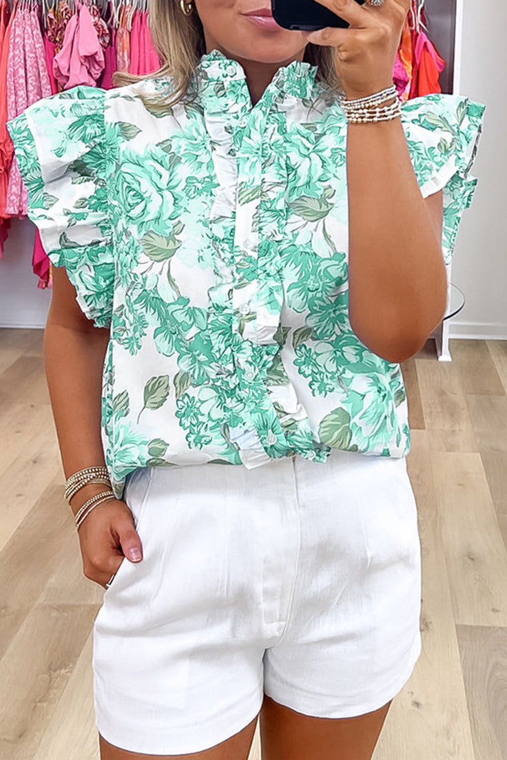 Spring Floral Print Ruffle Sleeve Frill Shirt