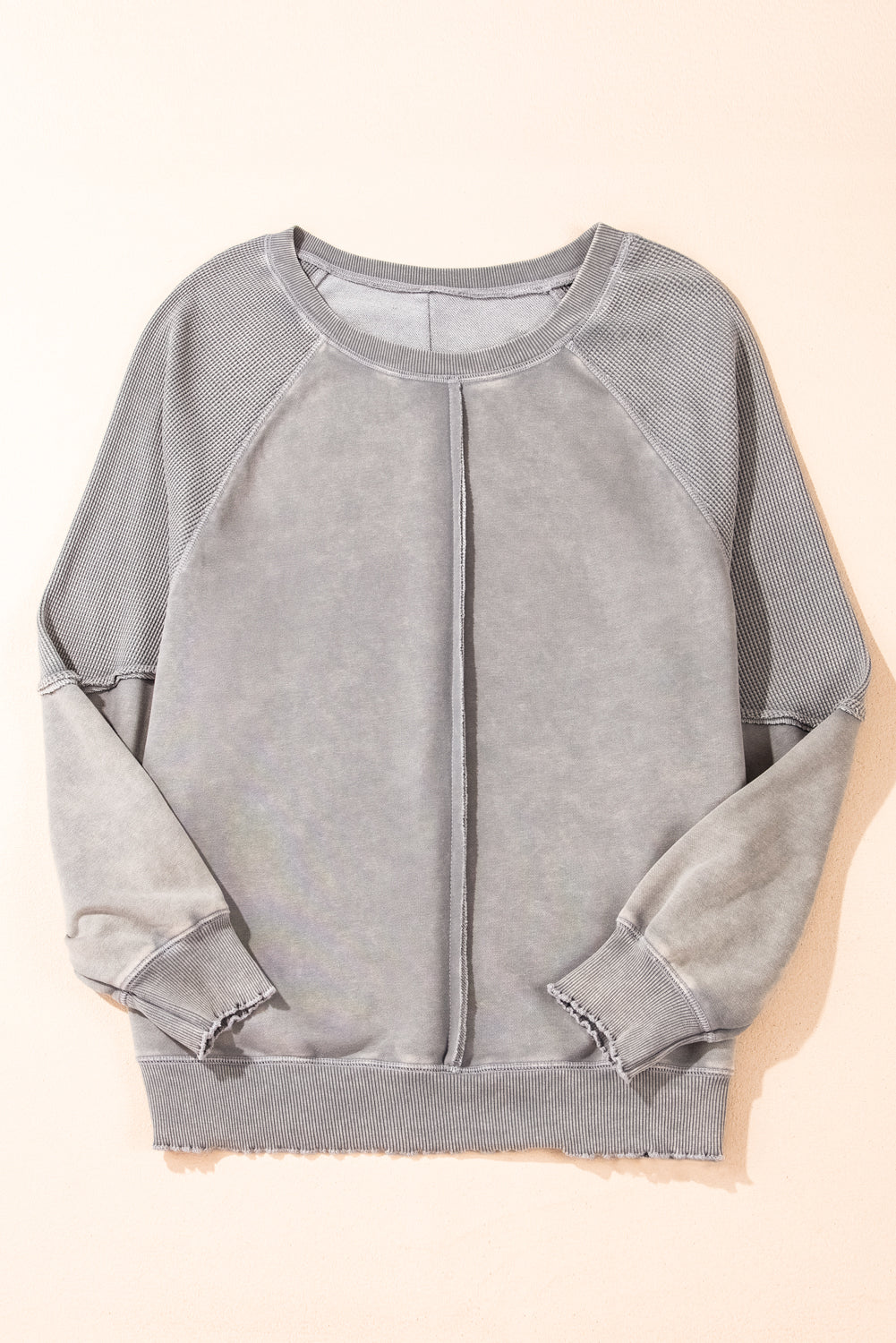 Mineral Blue Waffle Patchwork Raglan Sleeve Exposed Seam Sweatshirt