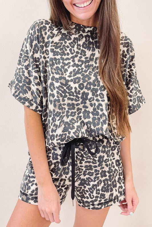 Black Leopard Print Tee and Shorts Pajama Set