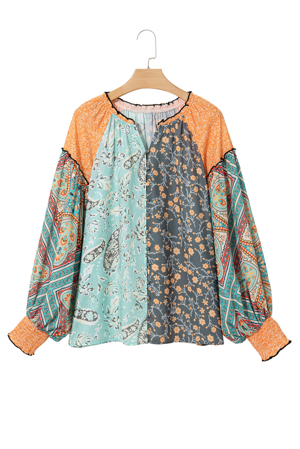 Green Floral Patchwork V Neck Lantern Sleeve Plus Size Blouse