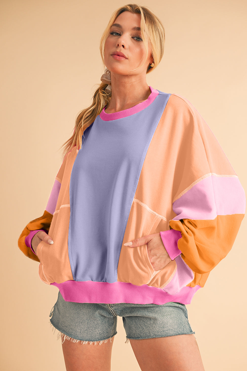 Orchid Petal Colorblock Patchwork Drop Shoulder Top