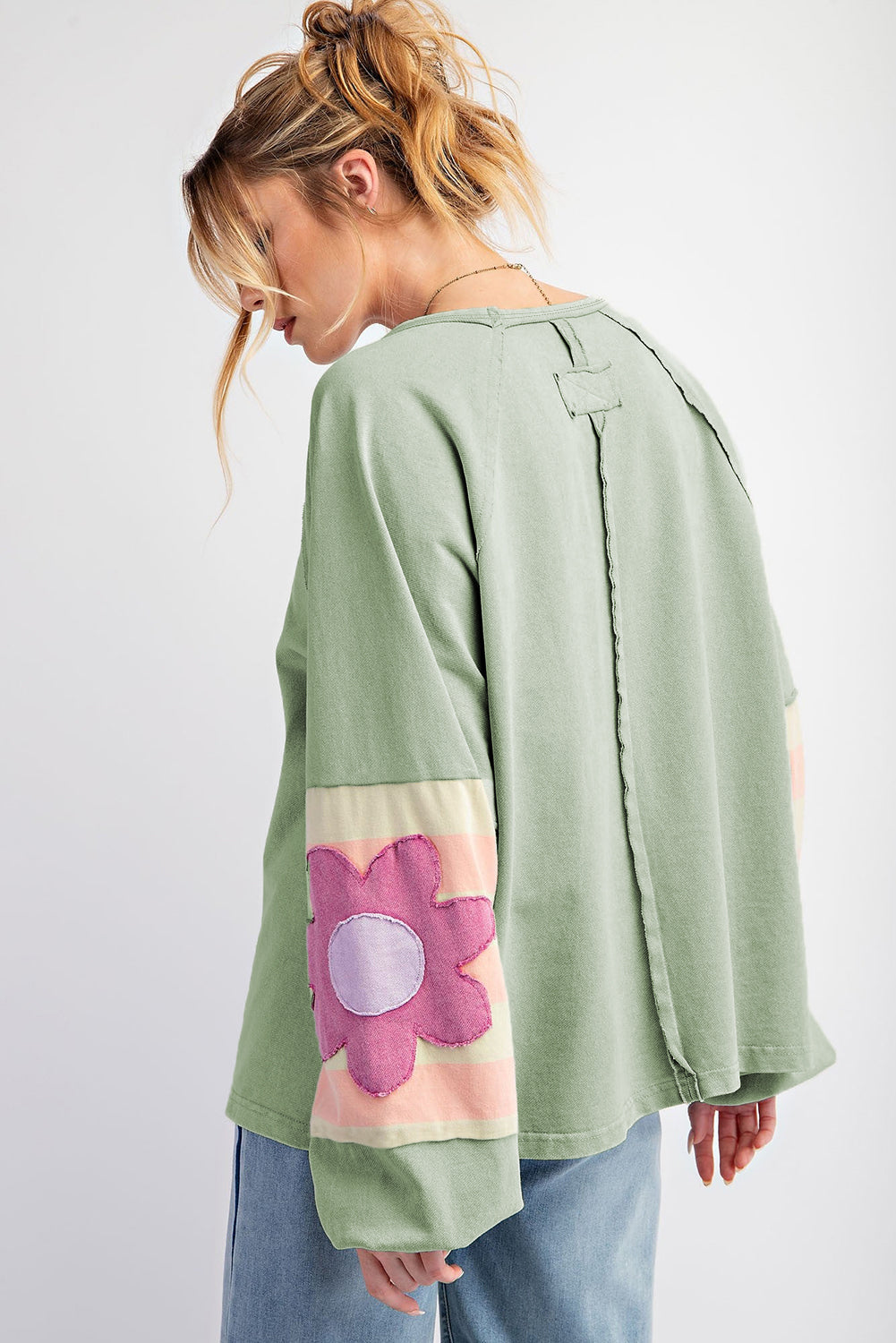 Smoke Green Flower Patchwork Exposed Seam Raglan Sleeve Top