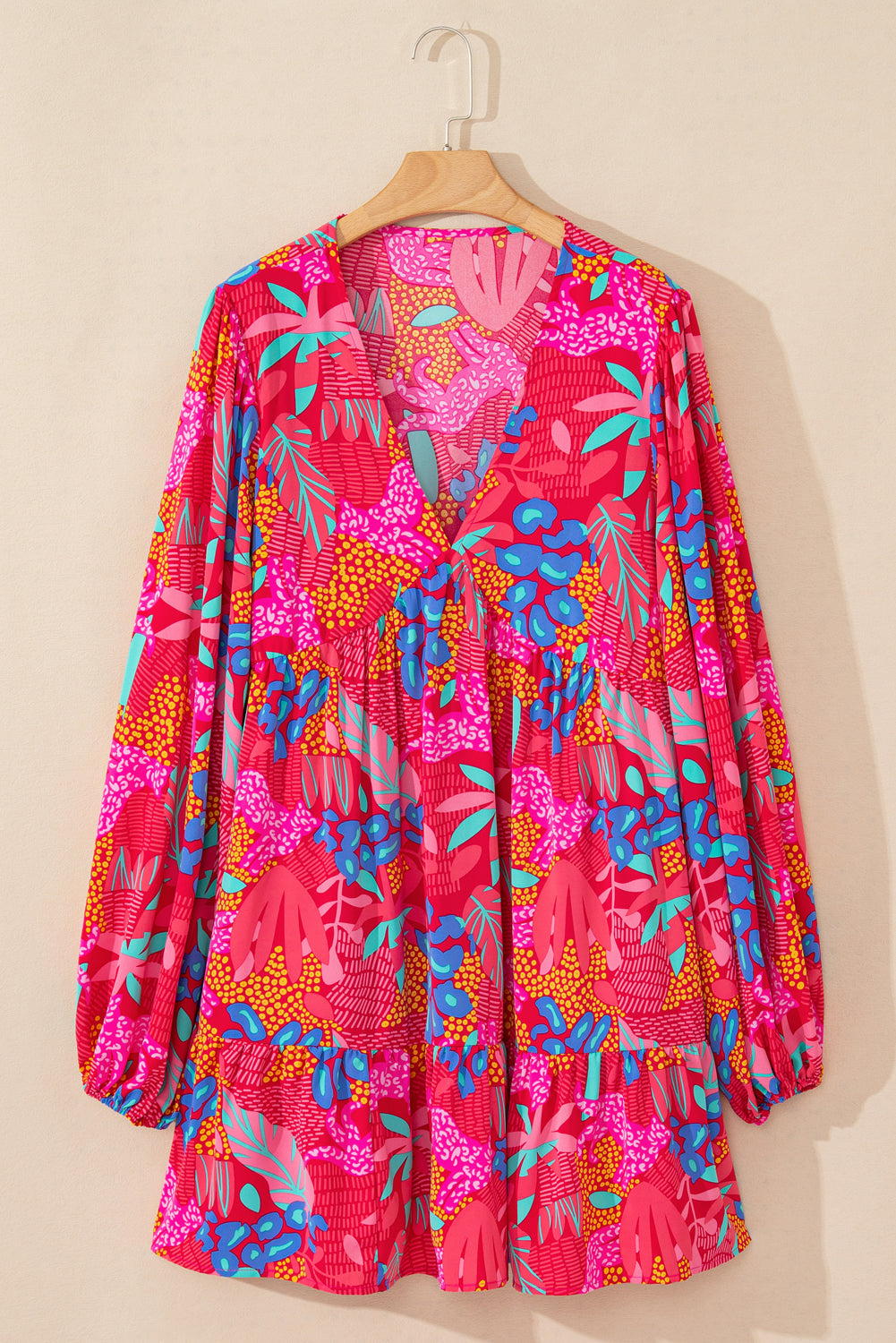 Rose Tropical Print Lantern Sleeve V Neck Ruffle Plus Size Mini Dress