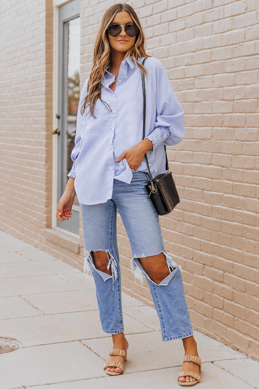 Stripe Striped Casual Shirred Cuffs Shirt