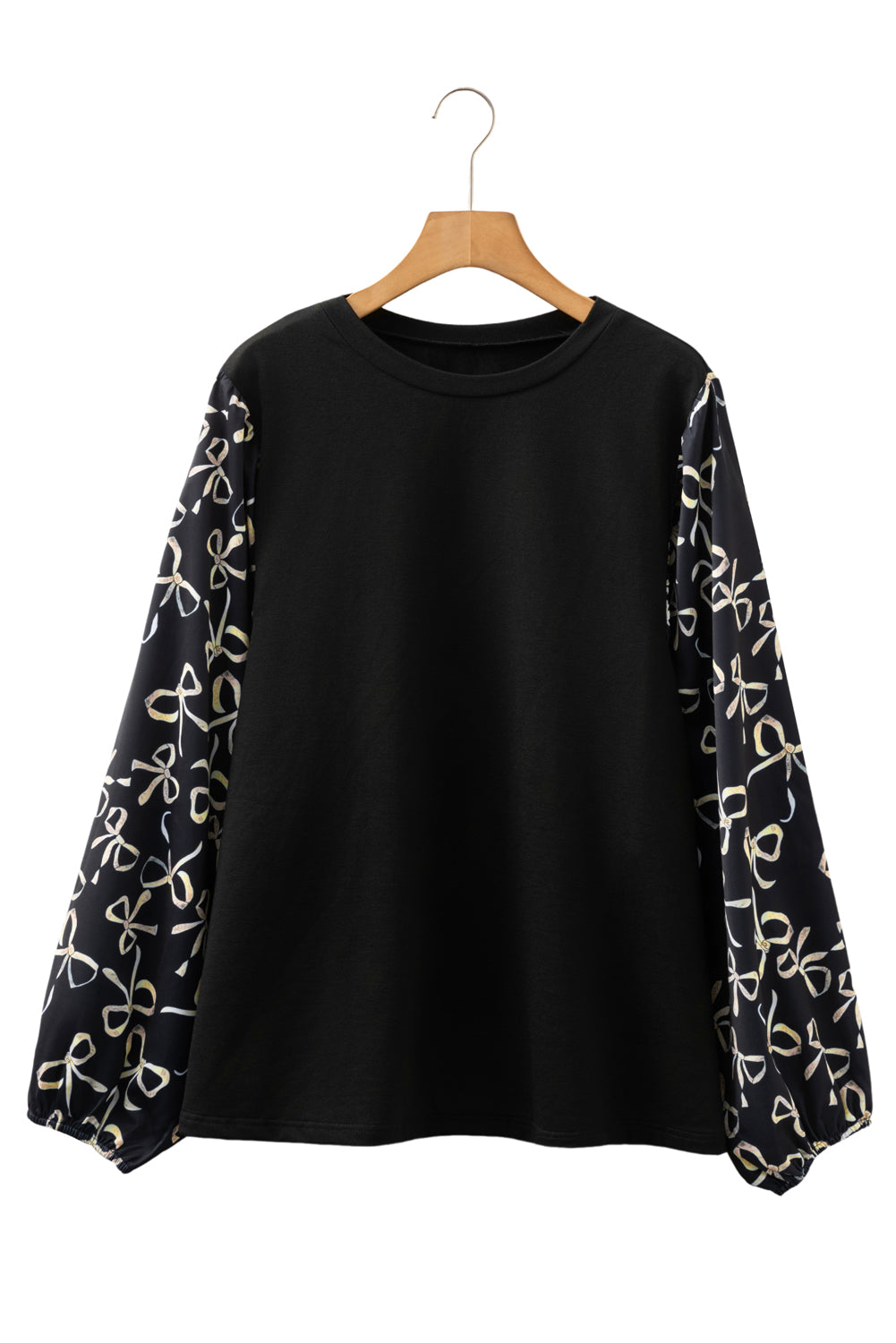 Black Bow Print Sleeve Patchwork Plus Size Blouse