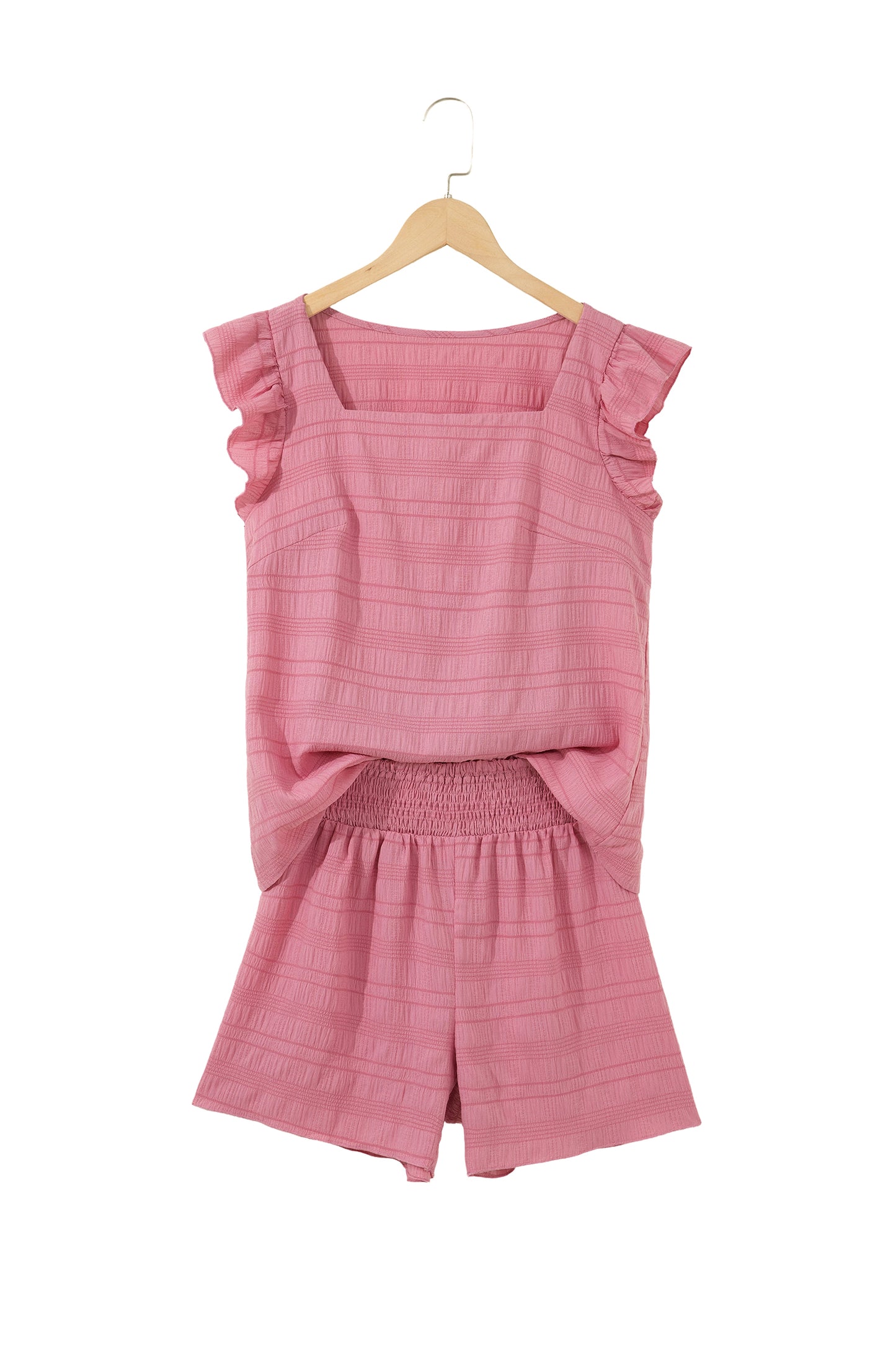 Fiery Red Textured Square Neck Top and Shirred High Waist Shorts Set