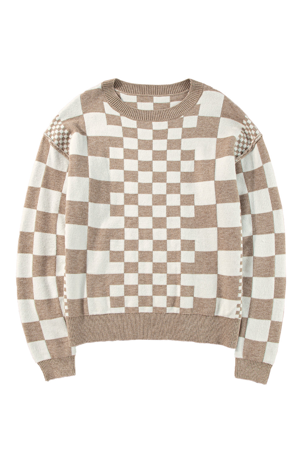 Khaki Checkered Drop Shoulder Round Neck Sweater