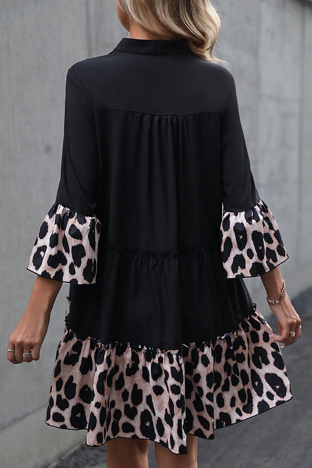 Black Leopard Patchwork Ruffle Plus Size Dress