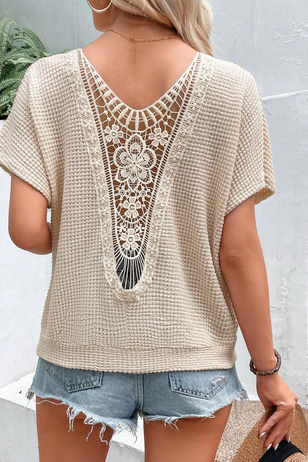 Oatmeal Lace Back Waffle Textured T-shirt