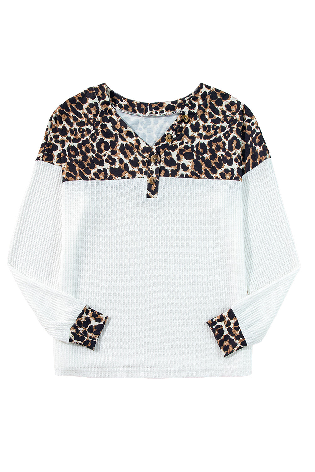 White Leopard Waffle Knit Patchwork Button V Neck Top