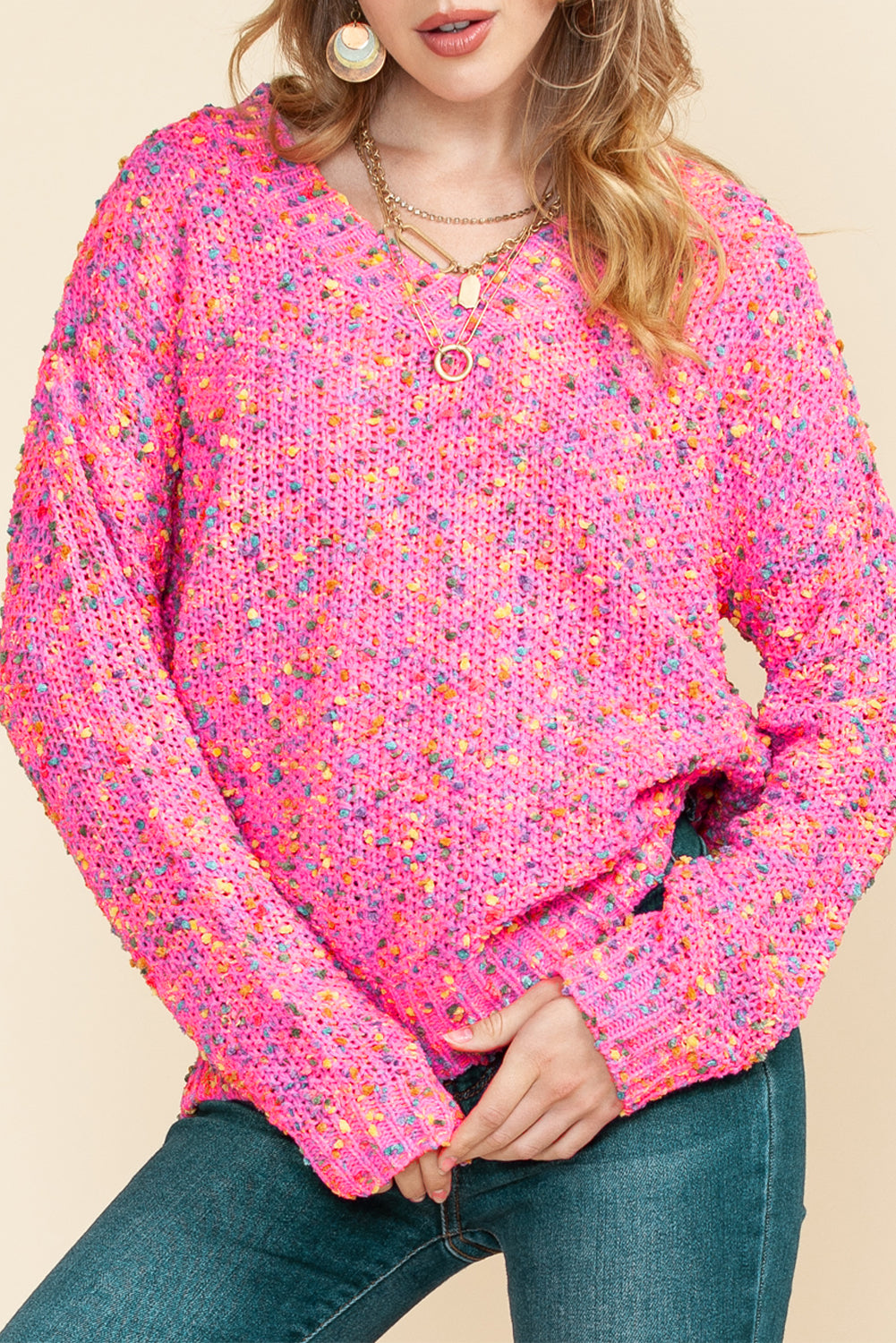 Hot Pink Mixed Color Chunky Knit Sweater