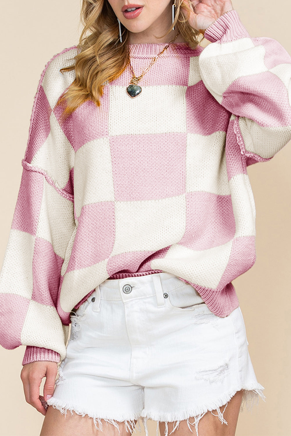 Rose Checkered Bishop Sleeve Pullover Sweater