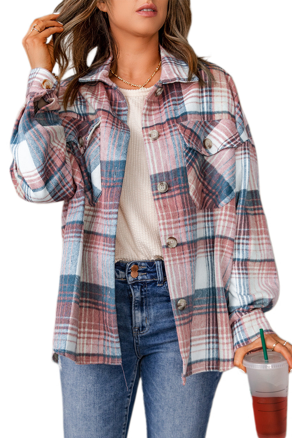 Pink & Grey Plaid Button Up Collared Flannel Shacket