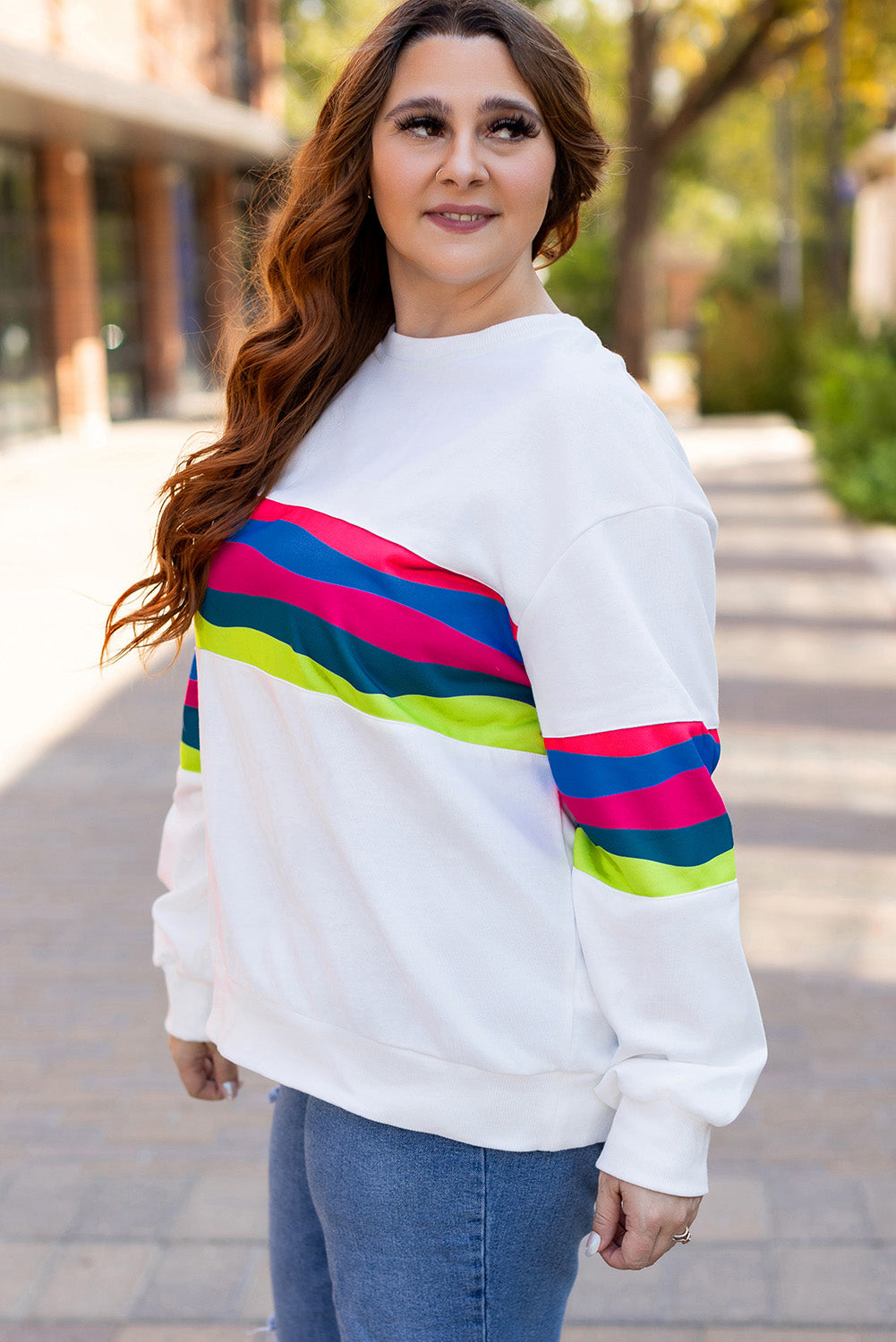 White Colorful Stripe Plus Size Sweatshirt