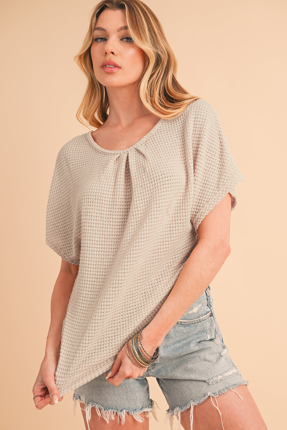 Oatmeal Lace Back Waffle Textured T-shirt