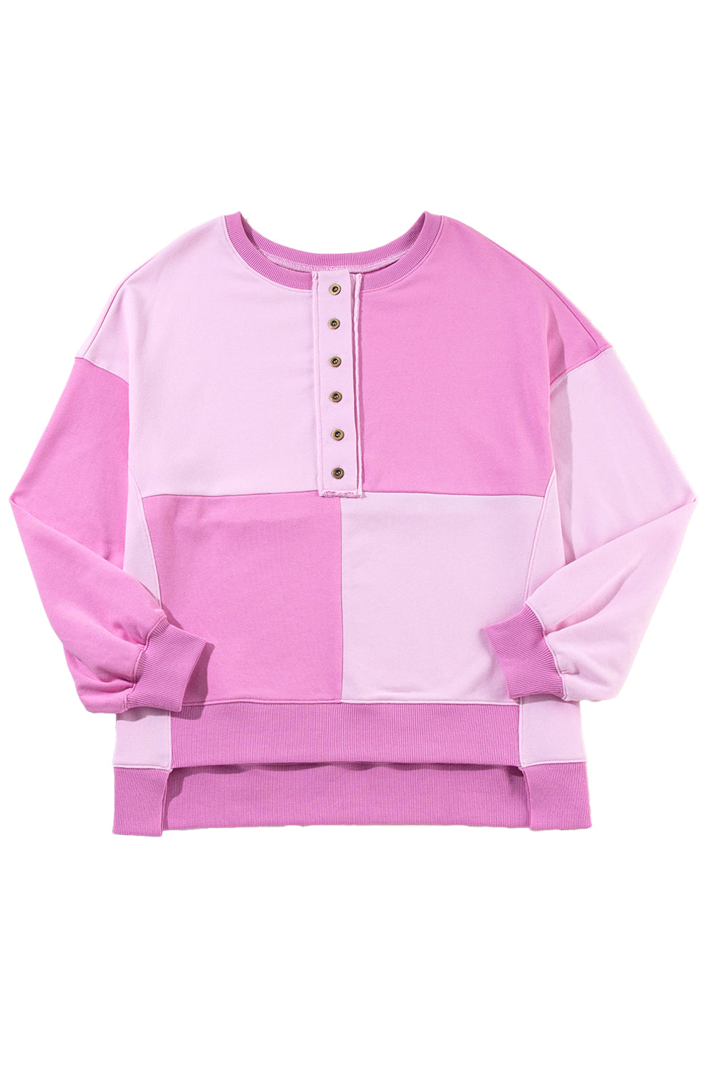 Pink Colorblock High Low Loose Henley Sweatshirt