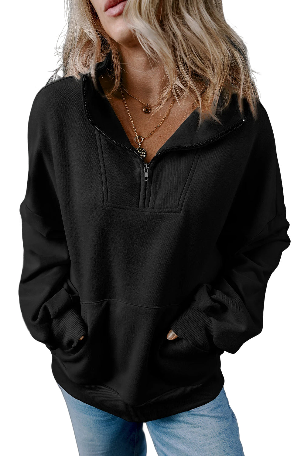 Bonbon Zip-up Stand Neck Kangaroo Pocket Sweatshirt