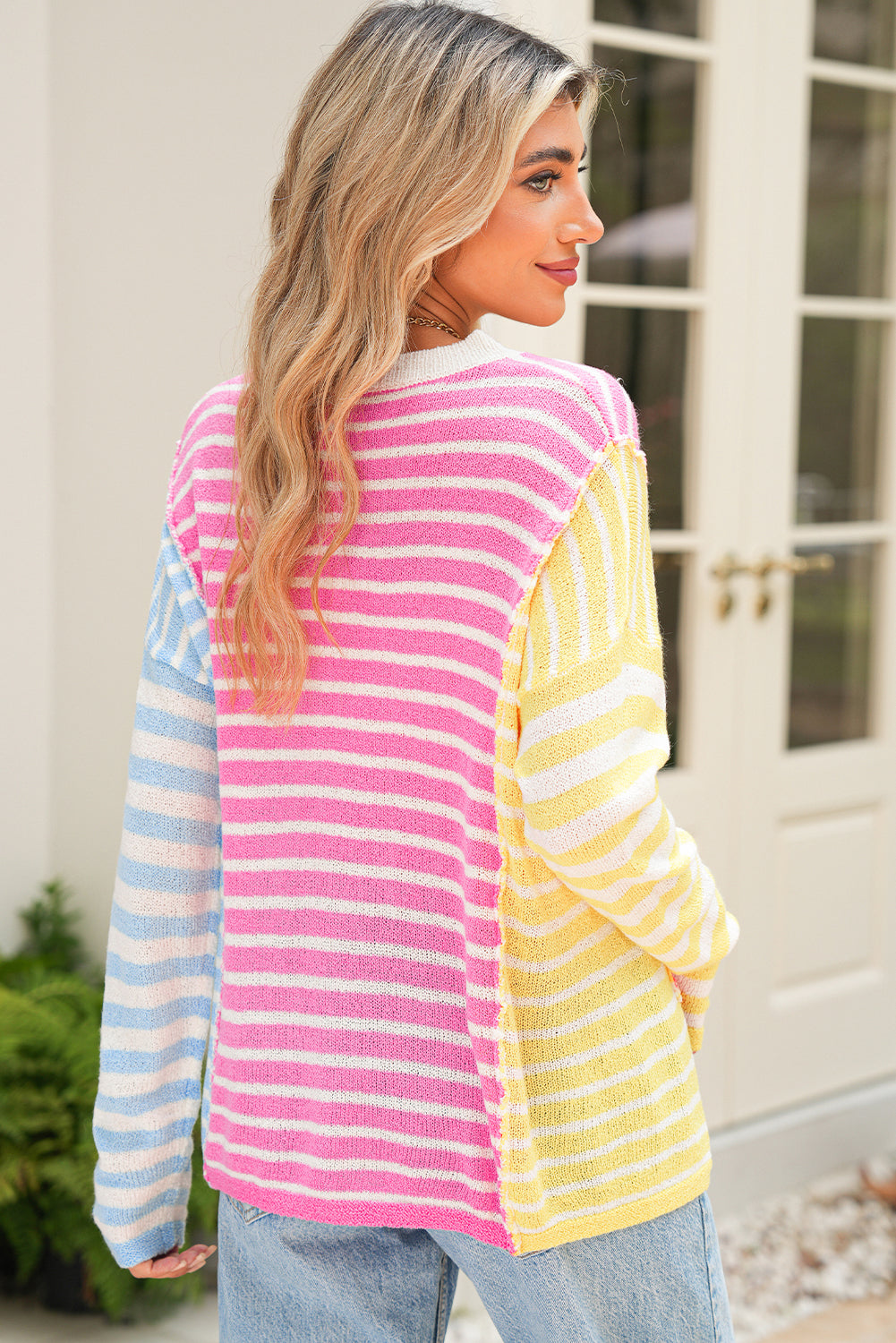 Colorblock Striped Patchwork Dolman Sleeve Slit Lightweight Sweater