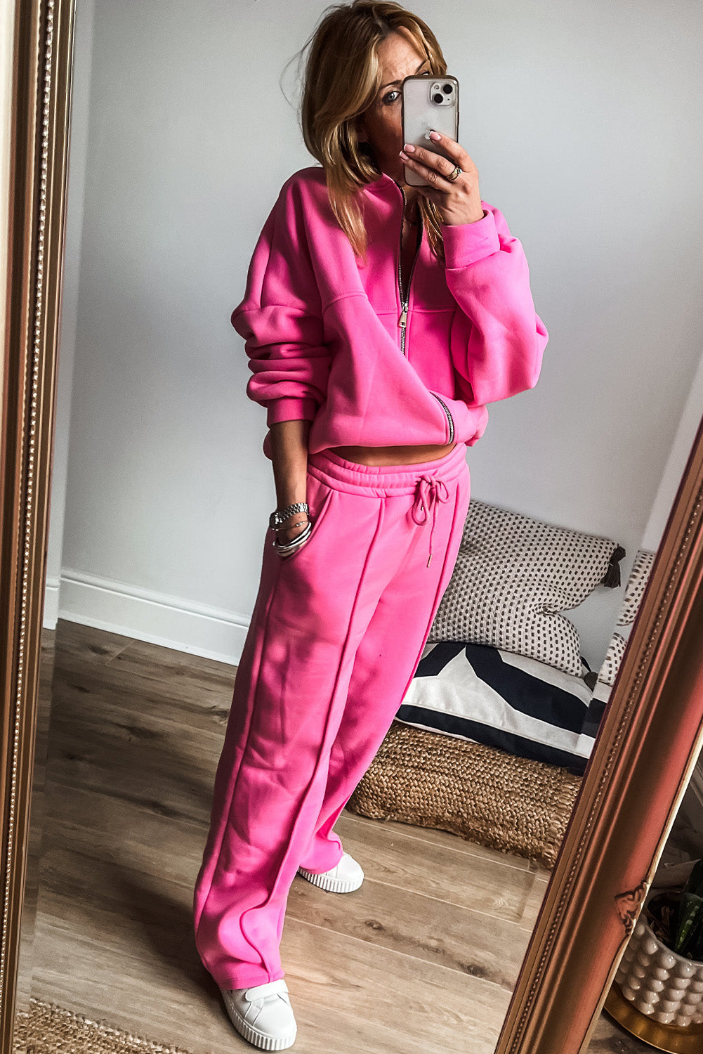 Bright Pink Seamed Zipper Jacket and Drawstring Waist Pants Set