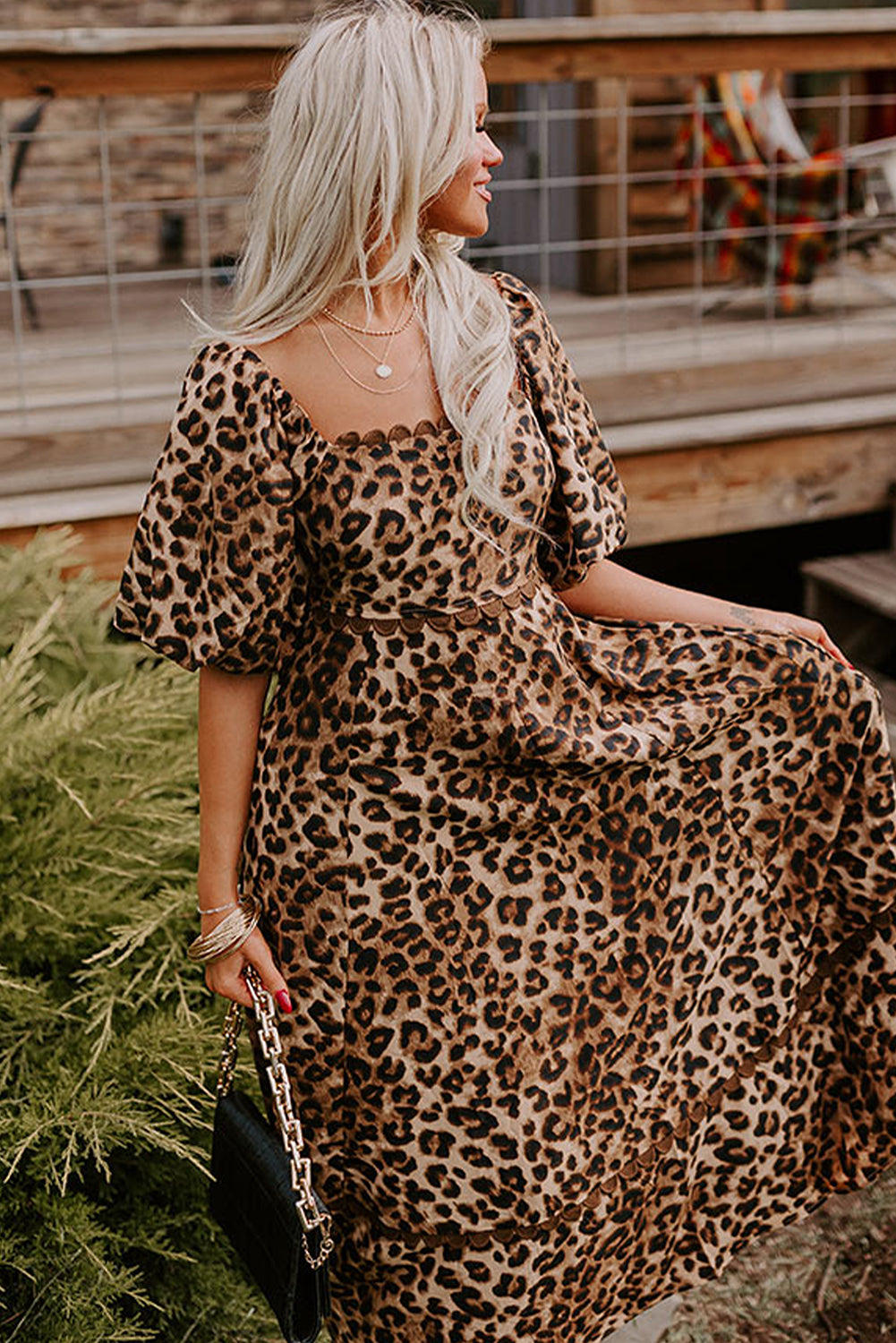 Brown Leopard Print Puff Sleeve Ricrac Maxi Dress