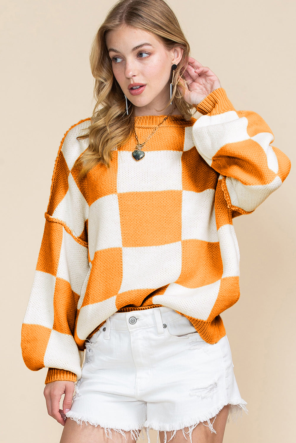 Rose Checkered Bishop Sleeve Pullover Sweater