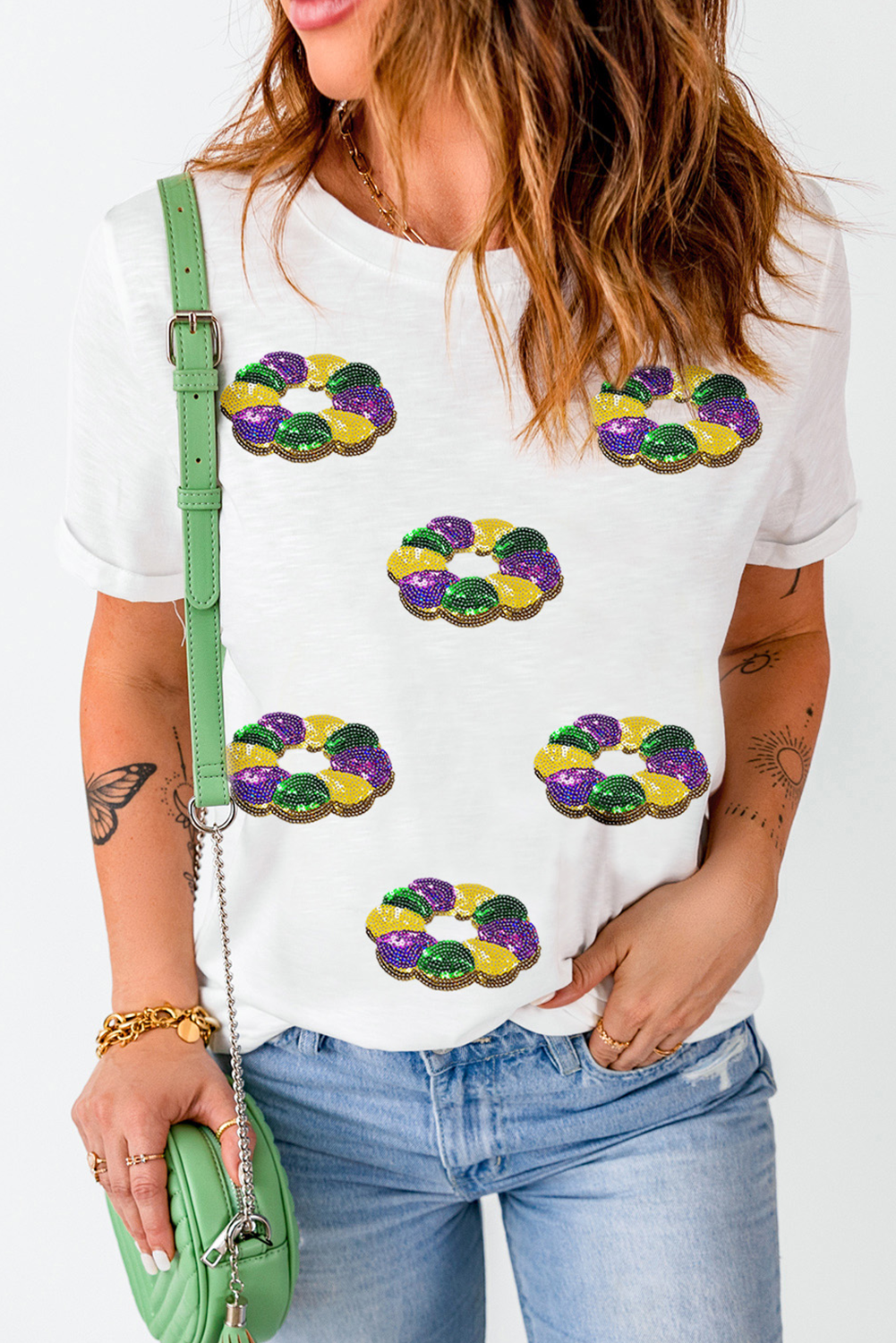 White Sequined Mardi Gras Pattern Crew Neck Tee