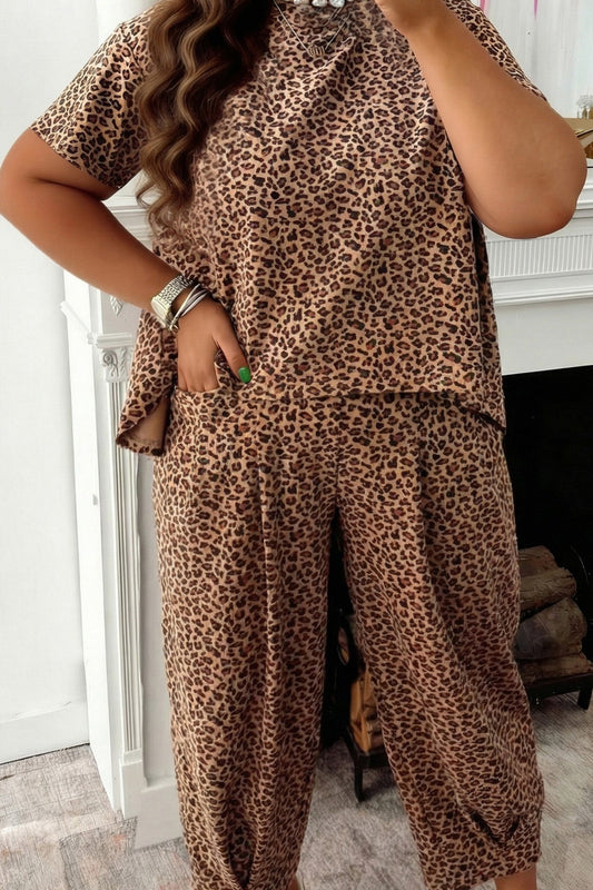 Brown Plus Size Leopard Loose Top Pleated Pants Set