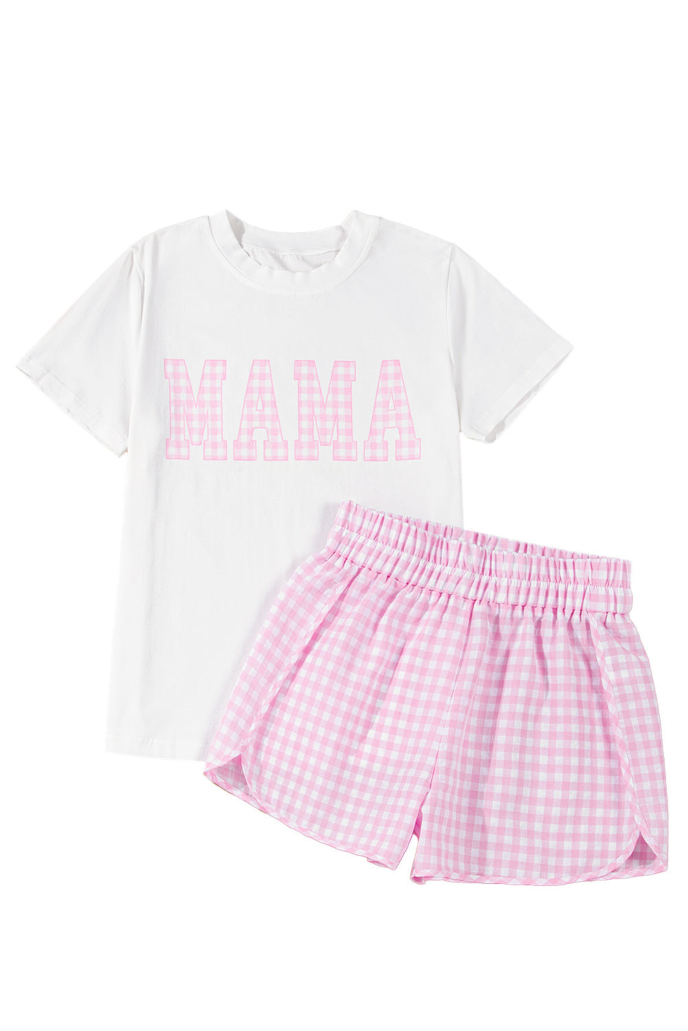 White MAMA Printed Tee and Plaid Shorts Set