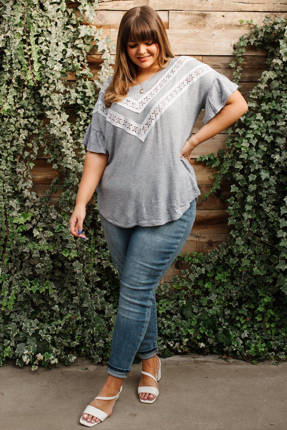 Light Grey Lace Patchwork Ruffle Sleeve Waffle Plus Size Top