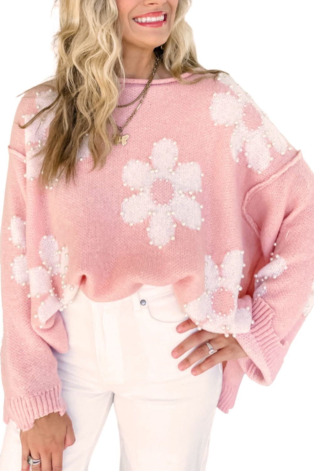 Bonbon Pearl Beaded Heart Drop Shoulder Sweater