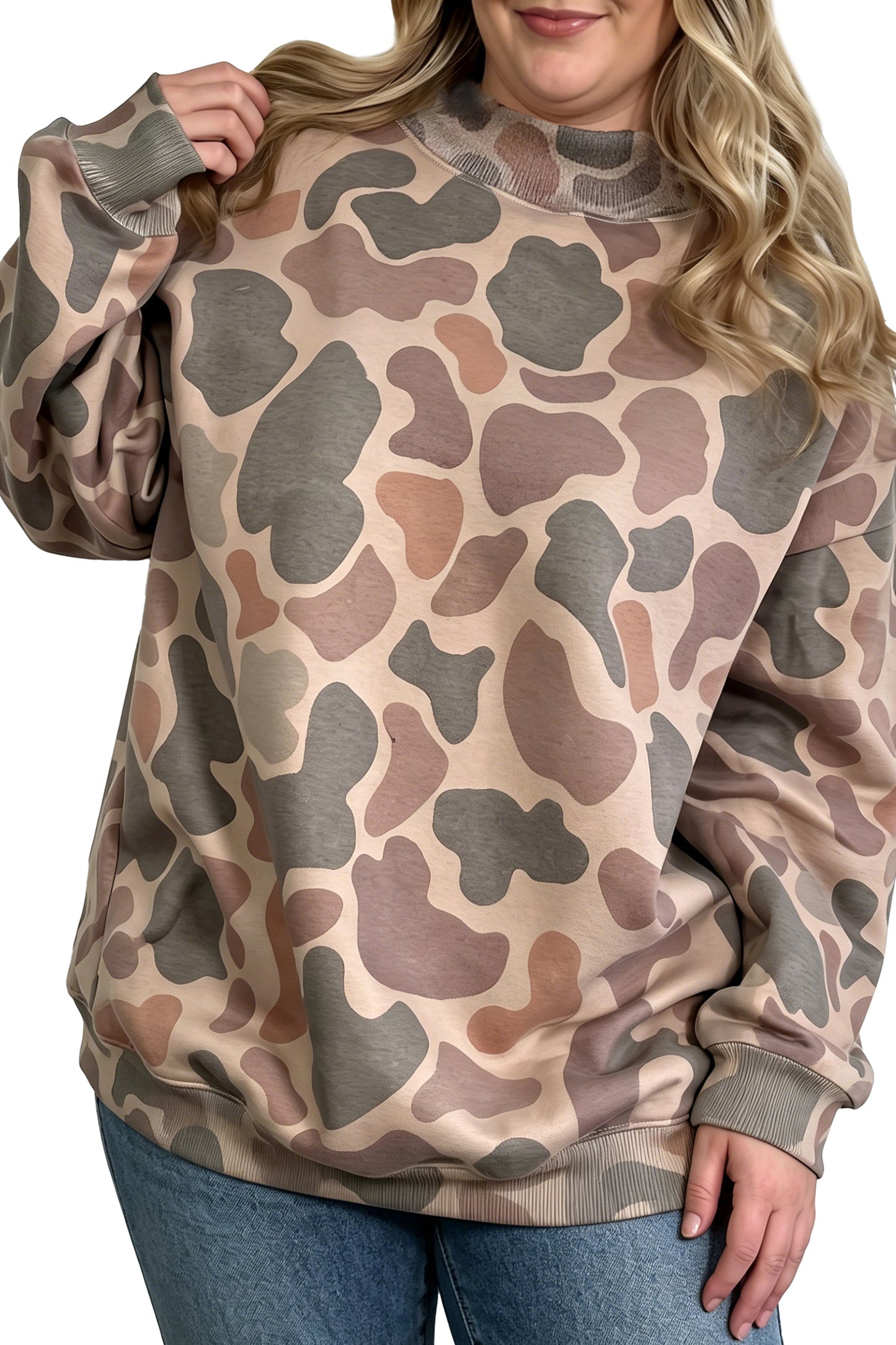 Multicolour Camo Print Ribbed Mock Neck Plus Size Sweatshirt