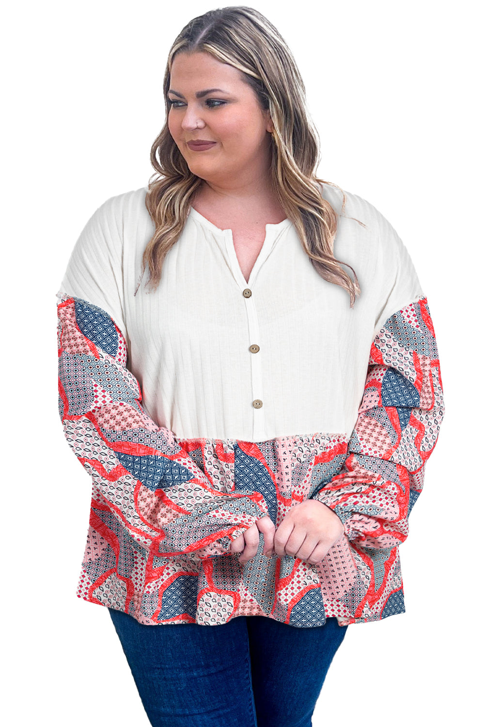 Apricot Plus Size Patchwork Textured Buttoned Blouse