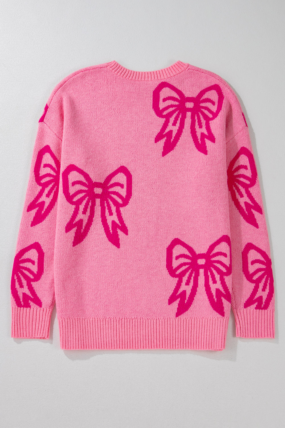 Pink Bow Pattern Drop Sleeve Loose Sweater