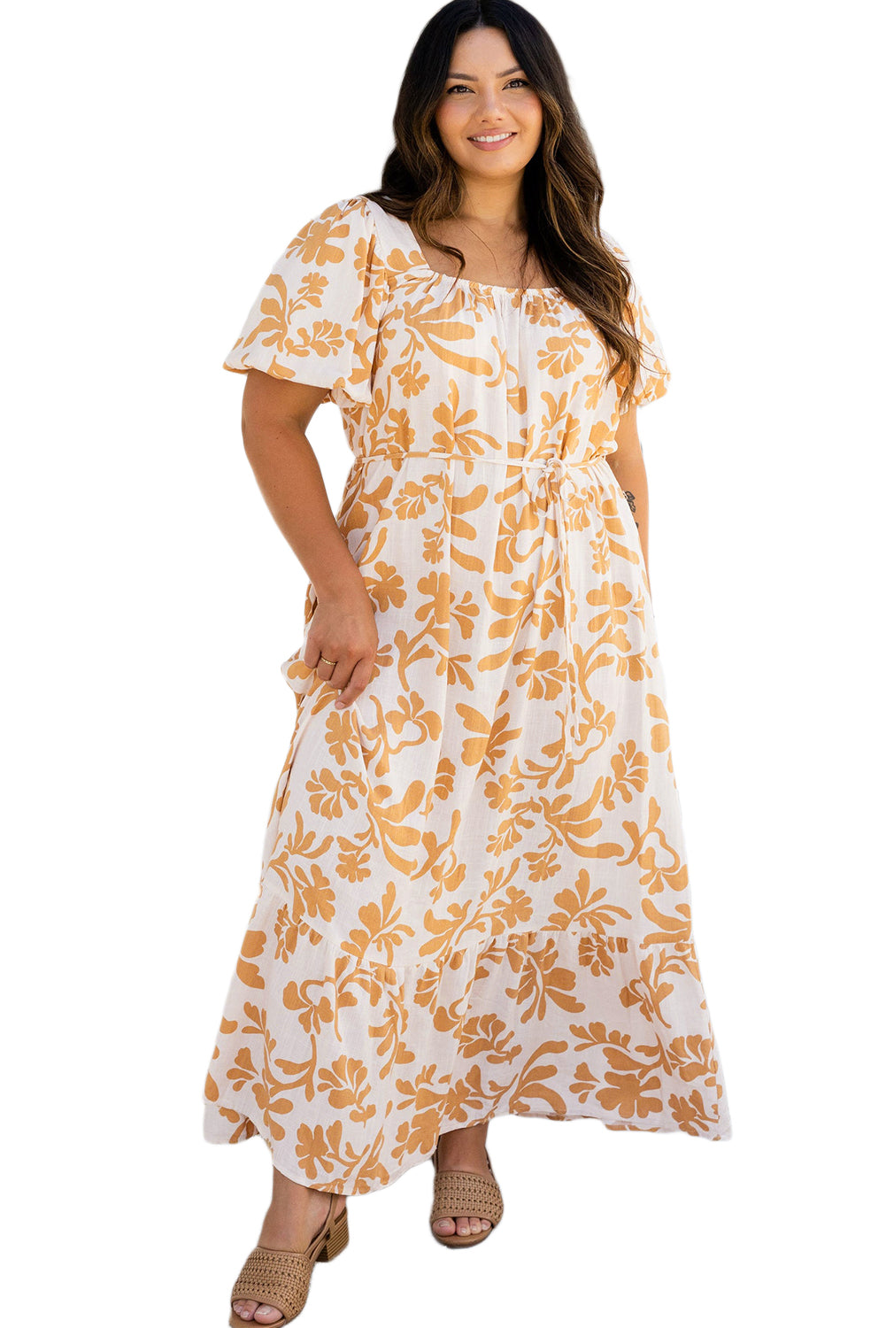 Apricot Floral Print Puff Short Sleeve Plus Size Maxi Dress