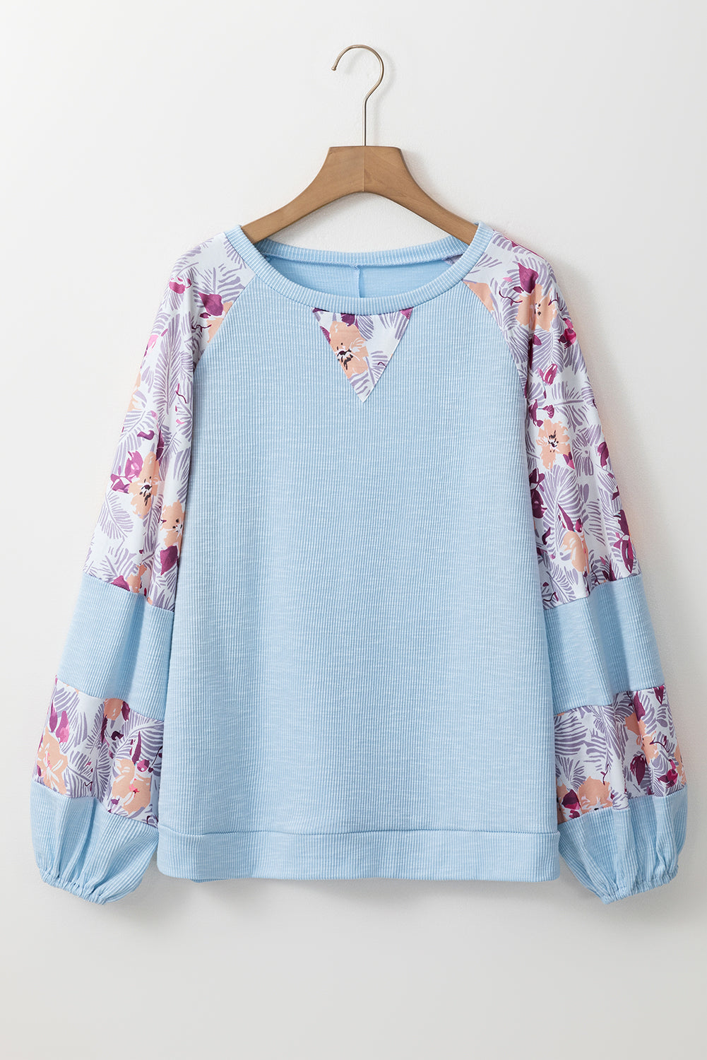 Beau Blue Crinkle Rib Floral Patchwork Balloon Sleeve Top