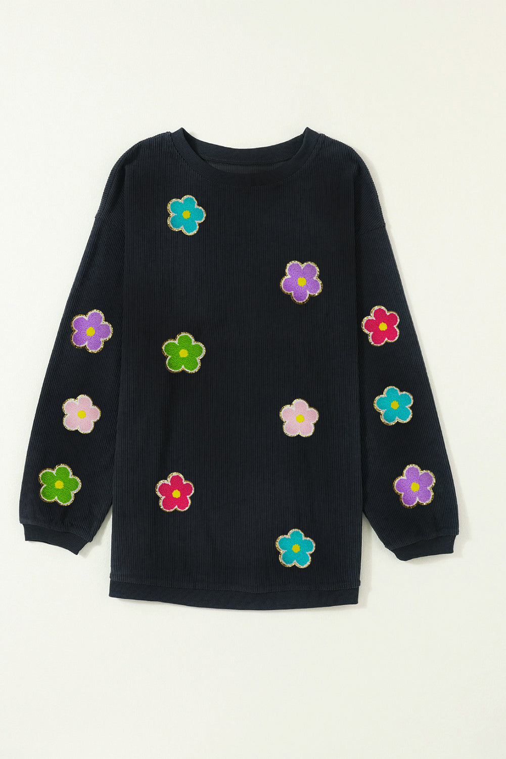 Black Flower Chenille Glitter Embroidered Ribbed Sweatshirt