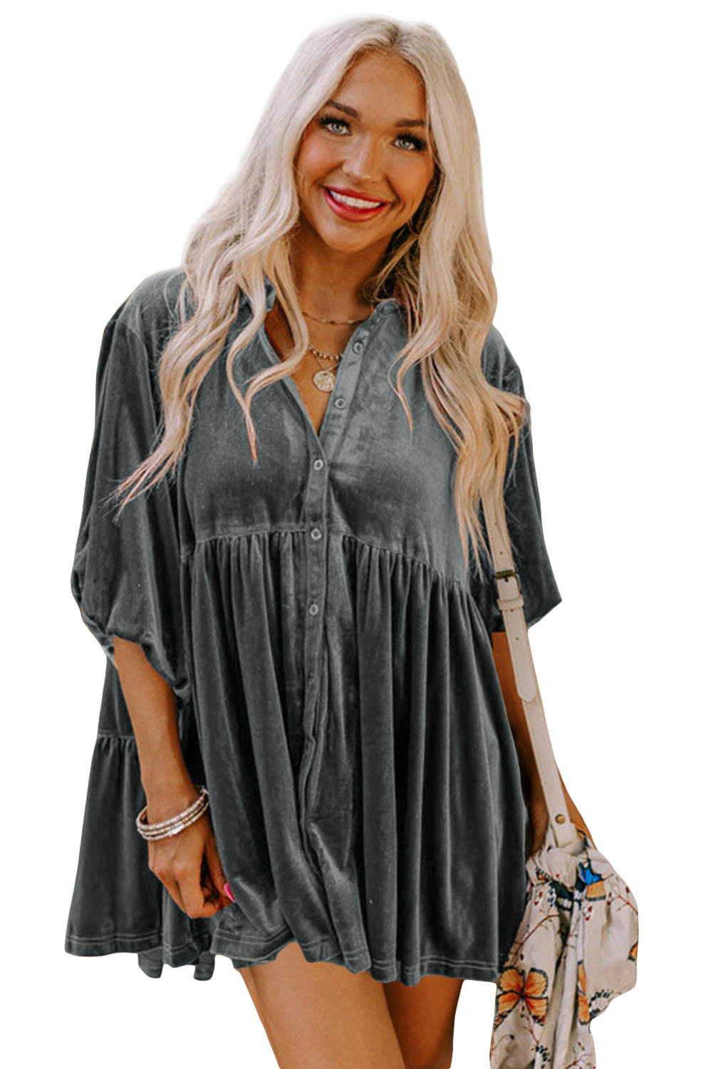 Khaki Lantern Sleeve Tunic Babydoll Velvet Shirt