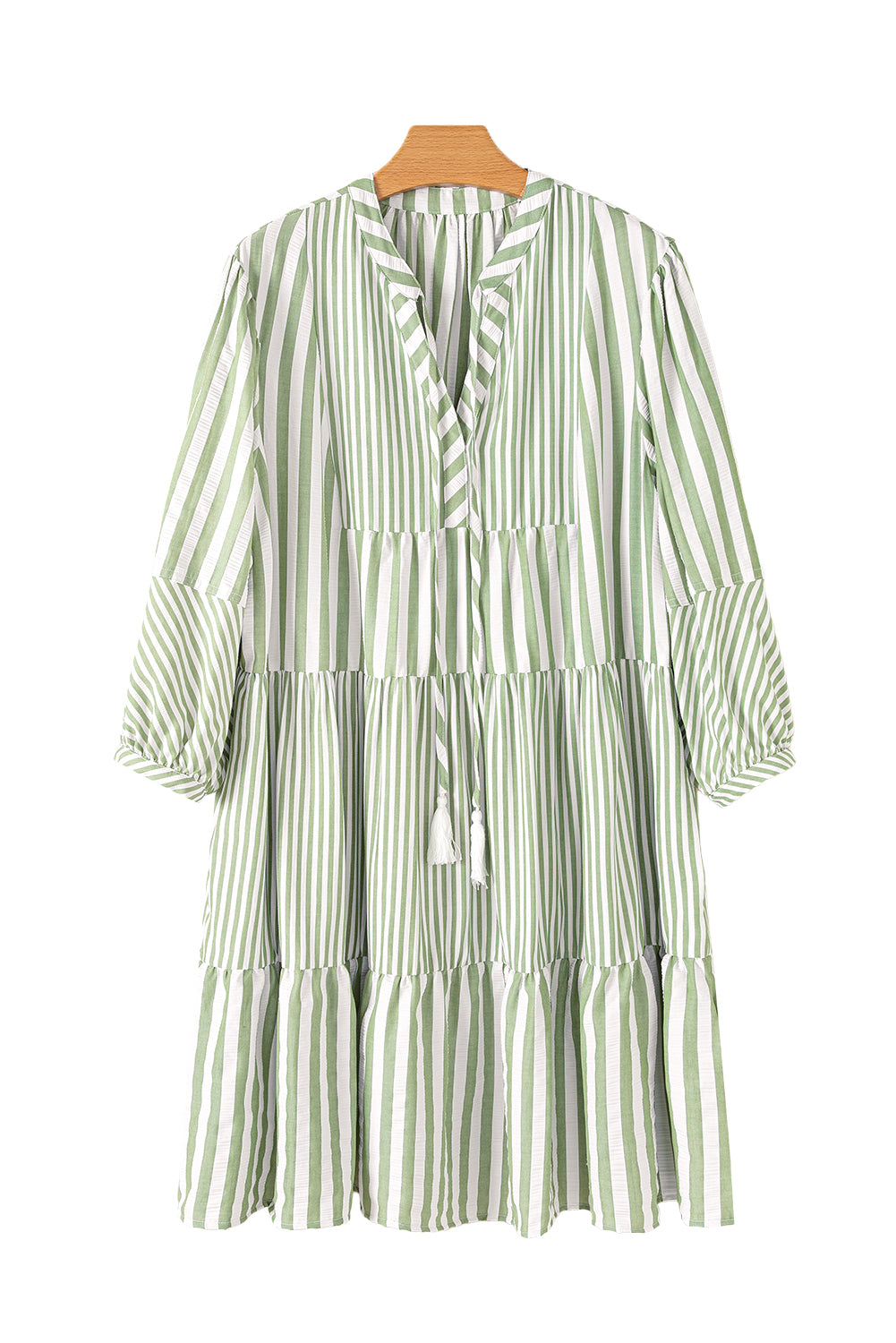 Green Stripe Bracelet Sleeve Tassel Tie Neck Plus Size Mini Dress