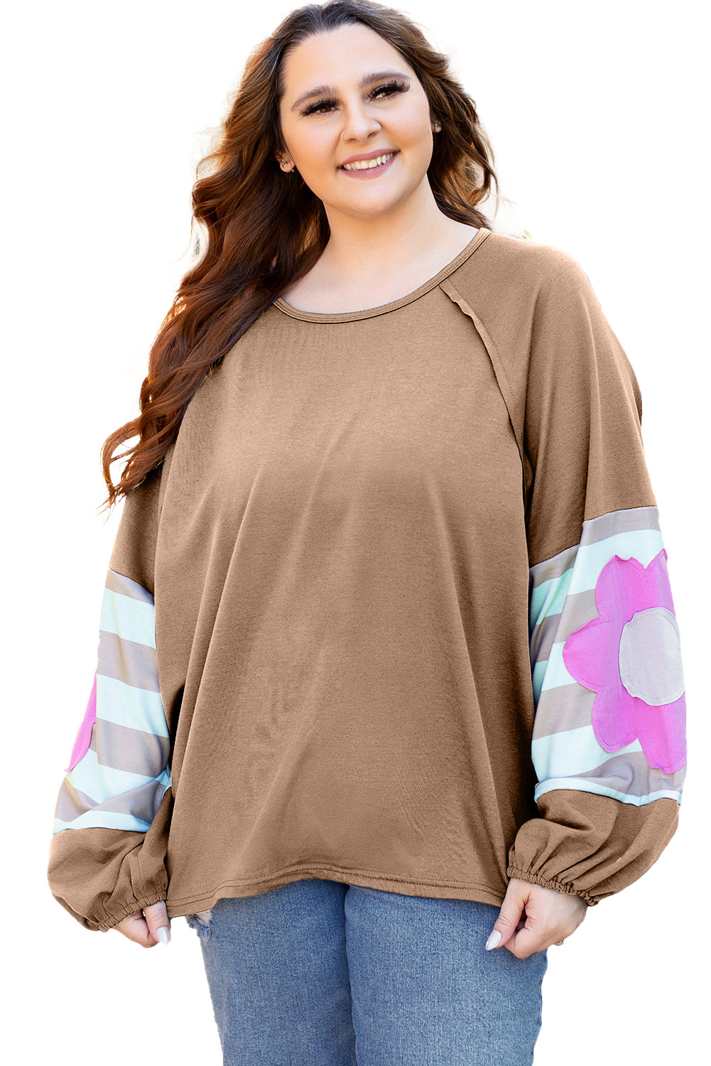 Light French Beige Flower Striped Patchwork Sleeve Plus Size Sweatshirt