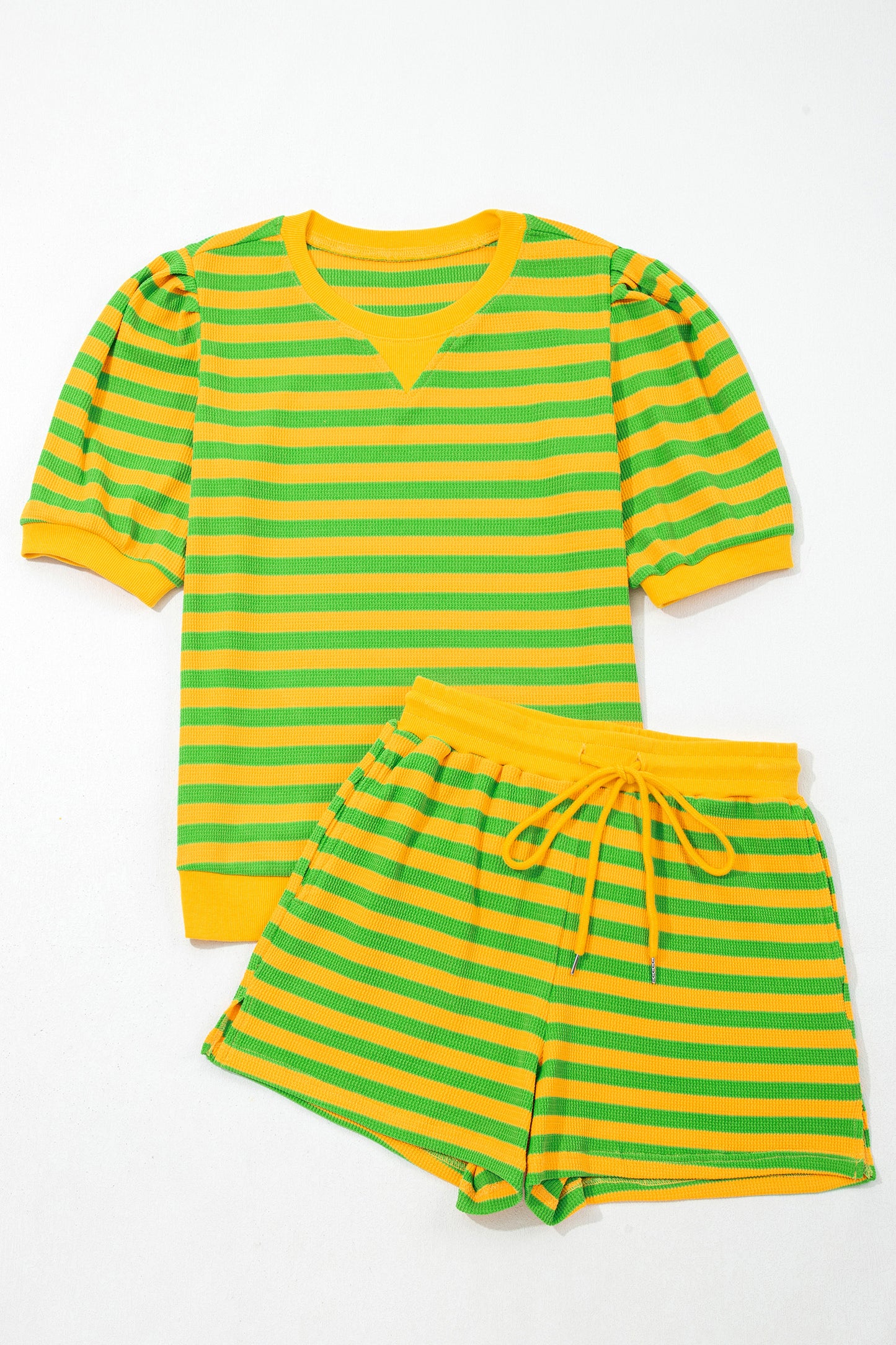 Yellow Stripe Puff Short Sleeve T Shirt Matching Shorts Set